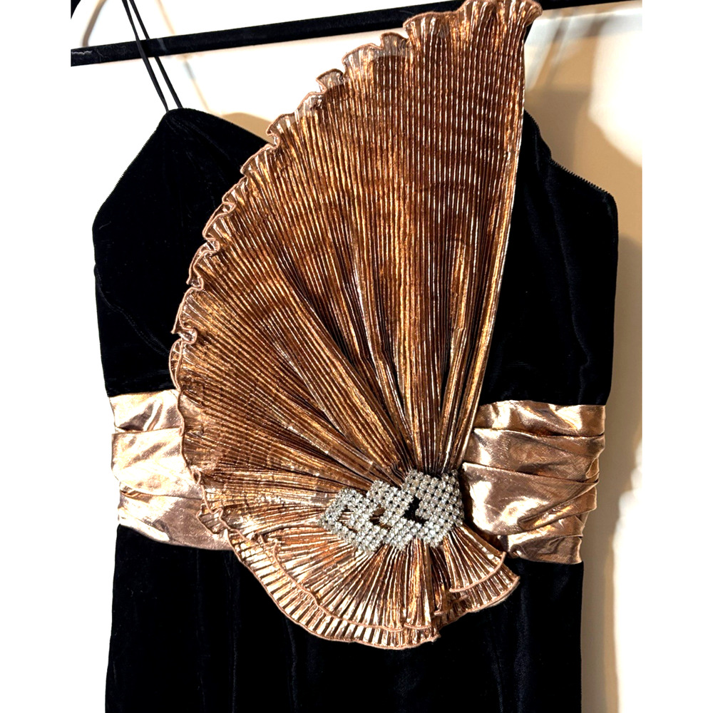 Vtg PS I Love You Womens Black Velvet Dress w/ HUGE Copper/Rhinestone Bow XS/S*